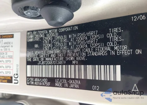 2007 Lexus Gx 470 z USA, uszkodzony, nr VIN JTJBT20X870134819